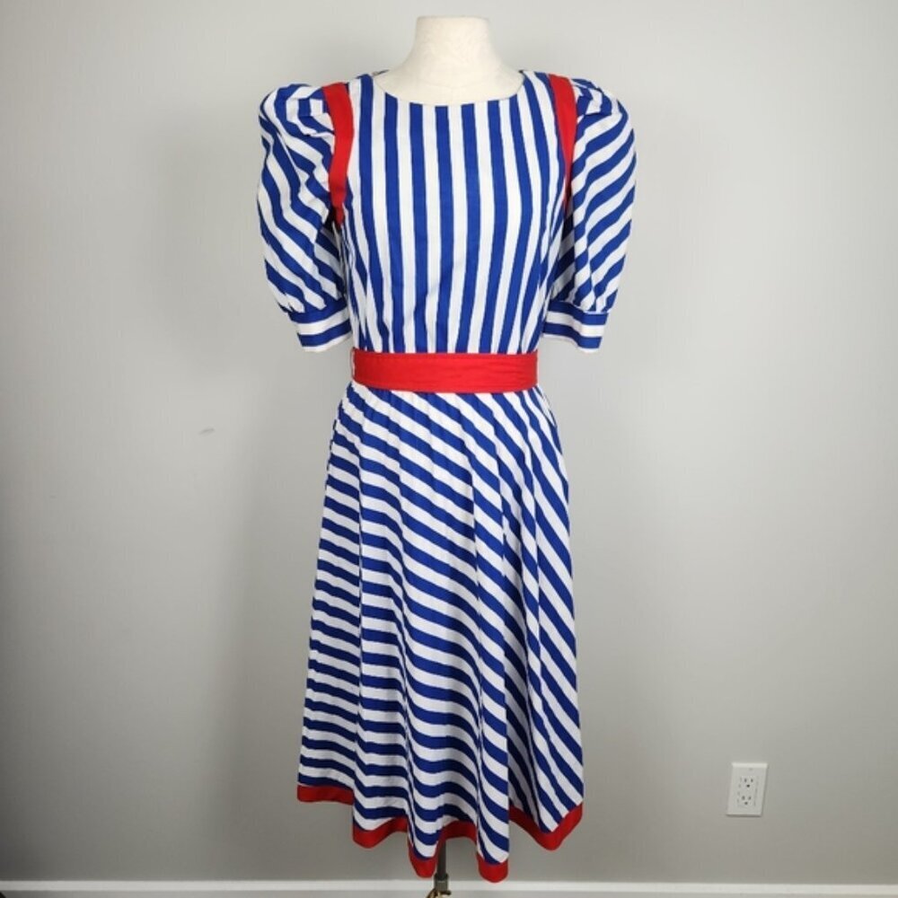 Vintage 100% Cotton Coastal Midi Dress Stripped Fits Medium Size 9 Pin Up Retro - Picture 2 of 15